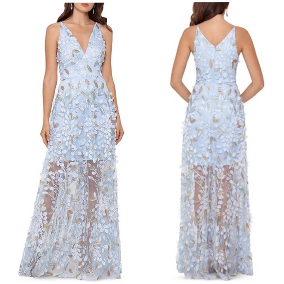 XSCAPE Embroidered Long Evening Dress  in Light Blue Size 4 - Picture 1 of 9